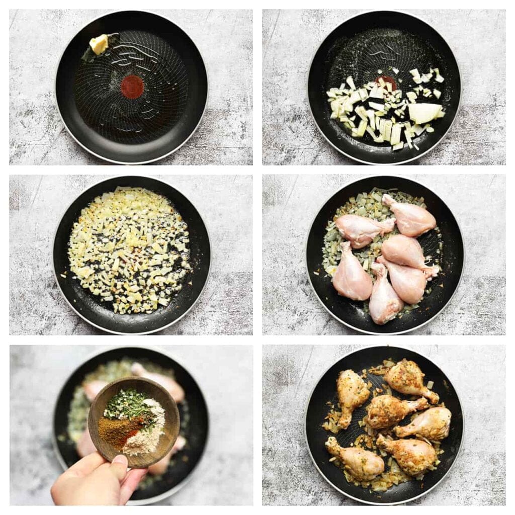 Verhit olijfolie samen met roomboter in een koekenpan op middelhoog vuur. Voeg de gesnipperde gele ui toe en bak deze 3-4 minuten. Voeg de kippenpoten, komijnpoeder, uienpoeder, knoflookpoeder, zout en gedroogde peterselie toe. Bak de kippenpoten goudbruin.