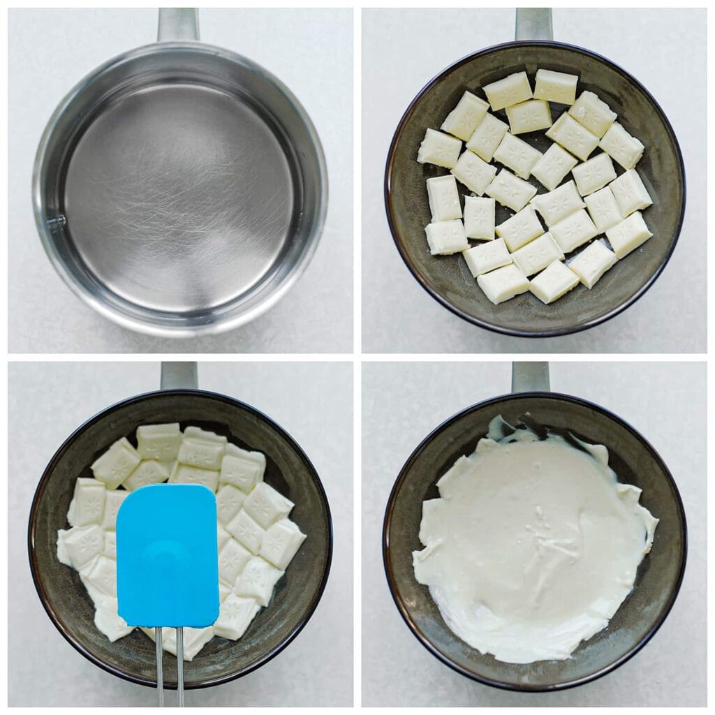 Smelt de witte chocolade au bain marie.