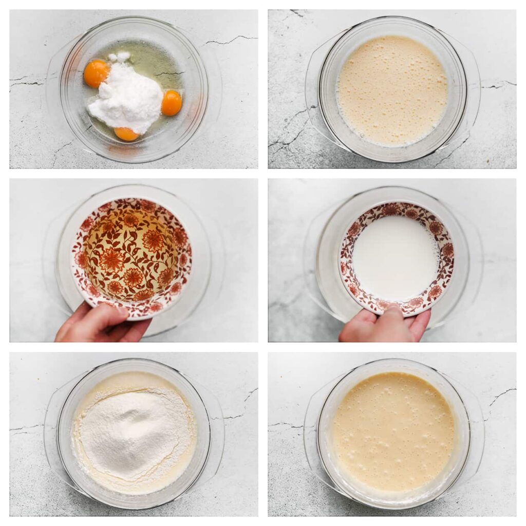 Breek de eieren boven de kom. Voeg de suiker, vanillesuiker en het zout toe. Mix tot een licht en luchtig beslag. Terwijl je blijft kloppen, giet je langzaam de zonnebloemolie en melk toe. Zeef de bloem en het bakpoeder boven het beslag en meng alles tot een geheel.