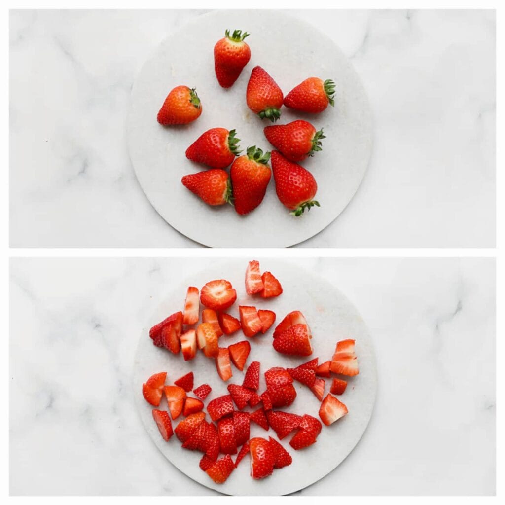 Was de aardbeien, snijd ze in stukken en dep ze droog.