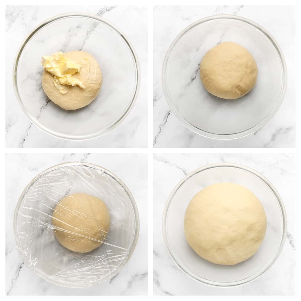 Smeer het deeg goed in met de roomboter en kneed het even goed door tot een geheel. Dek het deeg af en laat het 1 uur rijzen op een warme plek in huis, of totdat het in omvang is verdubbeld.