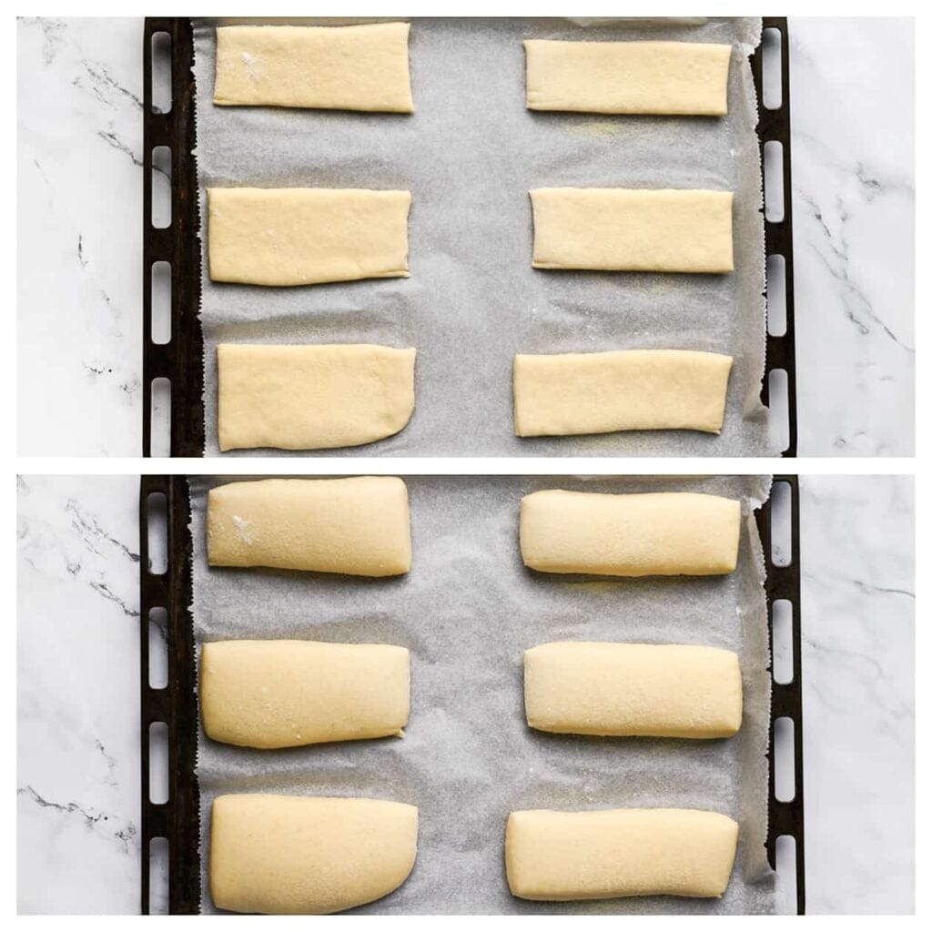 Leg het deeg op een bakplaat met bakpapier en strooi er meteen wat fijne griesmeel over. Laat het deeg 30 minuten rijzen, of totdat ze in omvang zijn verdubbeld.