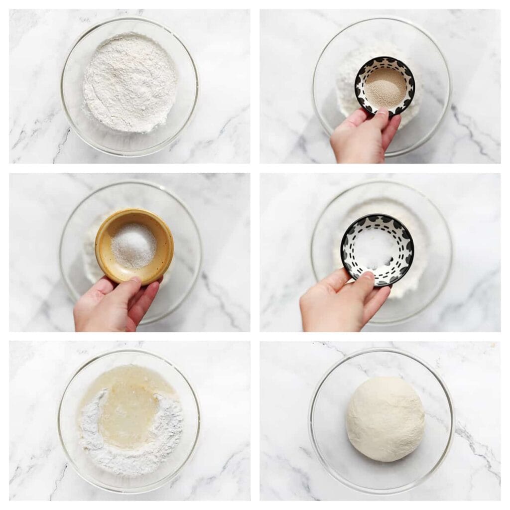 Doe de bloem, gist, suiker, het zout, de zonnebloemolie en het lauwwarme water in een diepe kom. Meng goed en kneed 10-12 minuten tot een samenhangend deeg.