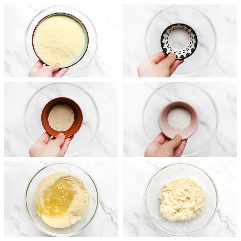 Doe de fijne griesmeel, bloem, gist, suiker, het zout, de olijfolie en het lauwwarme water in een diepe kom. Meng goed.