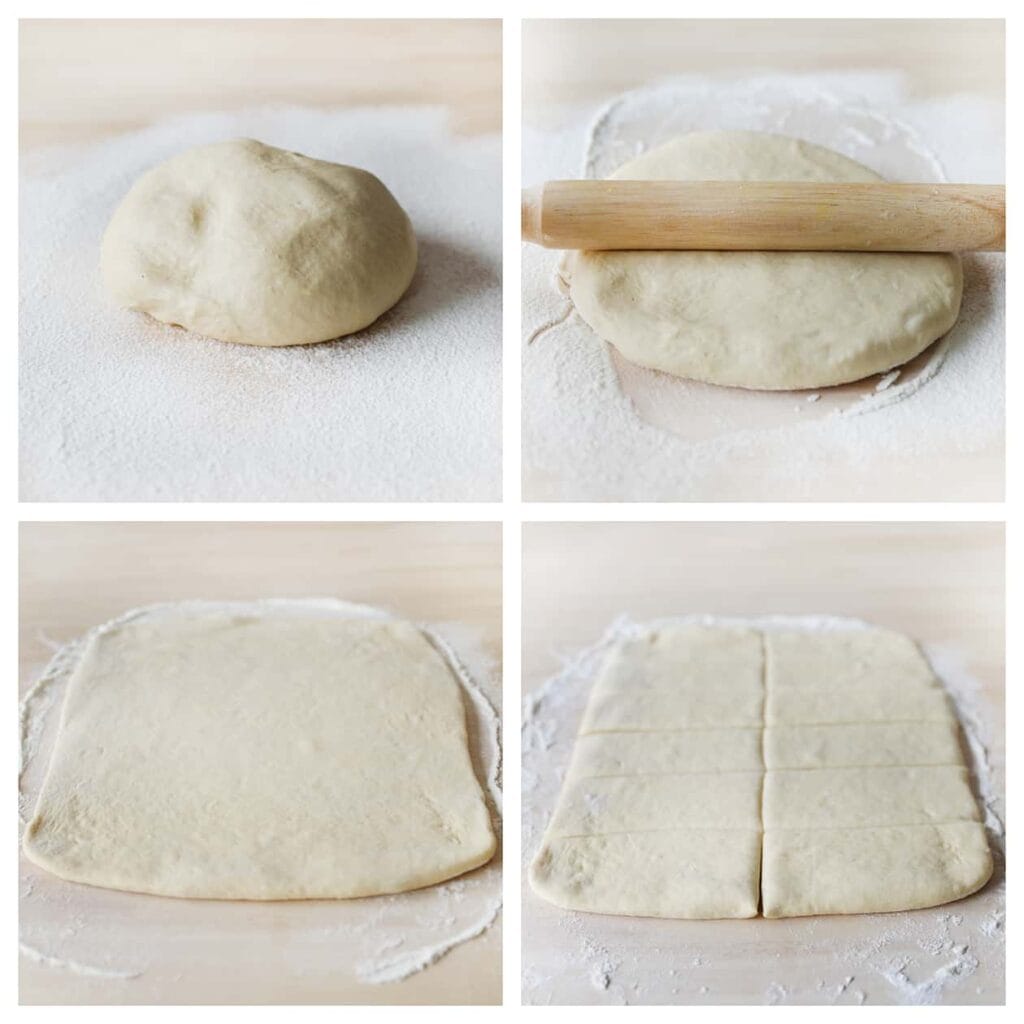 Stort het deeg op een met bloem bestoven werkplek en rol het uit tot een rechthoek.