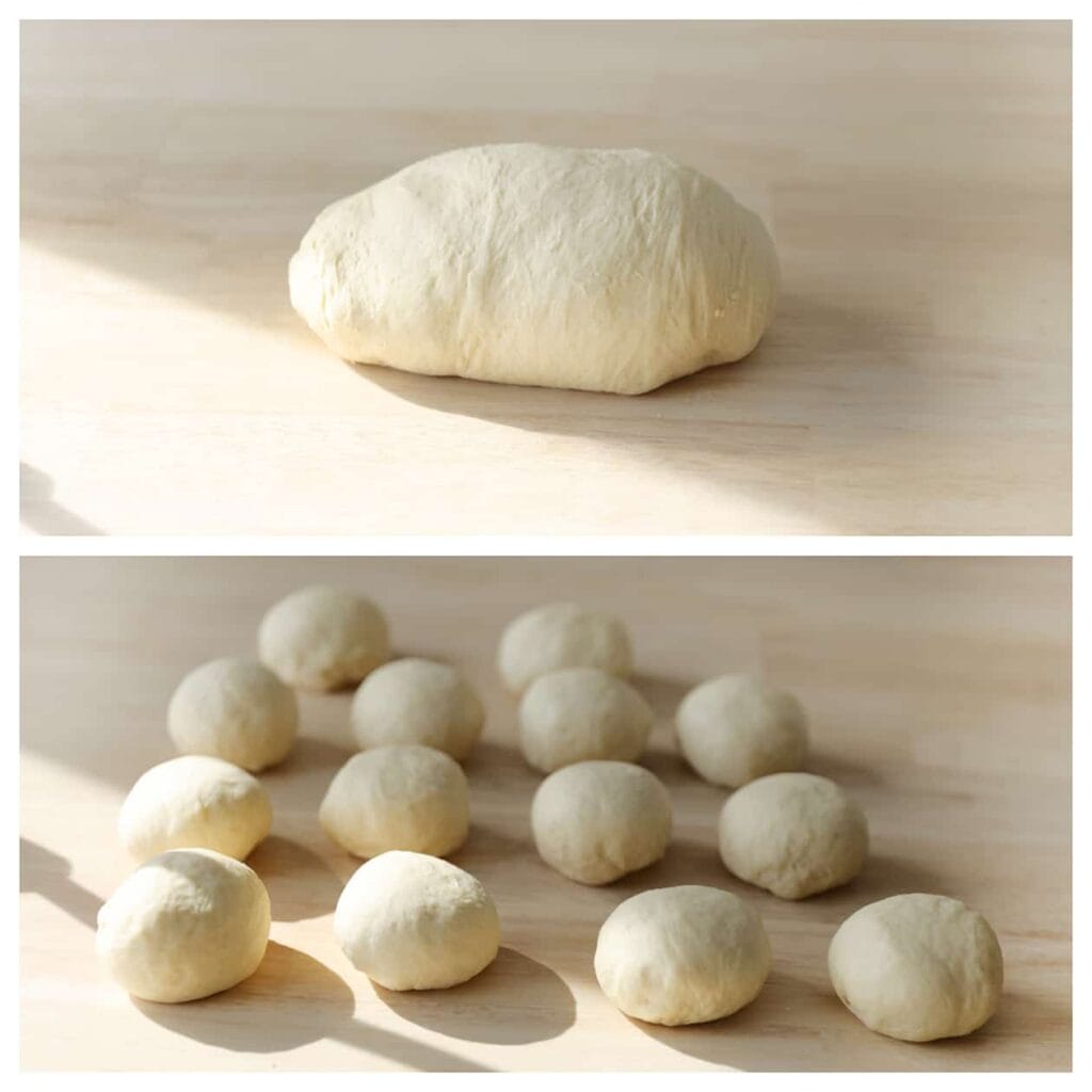 Ontlucht het deeg en verdeel het vervolgens in 15 stukken van elk 53 gram.