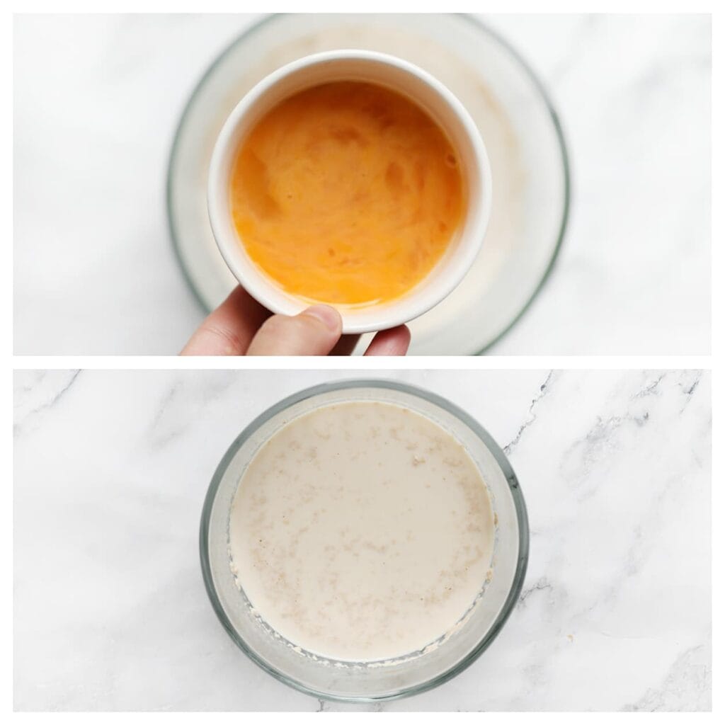 Doe het lauwwarme water en de lauwwarme melk in een kom. Voeg de honing, gist en het geklutste ei toe. Klop met een garde tot alles goed gemengd is. Laat het mengsel 5 minuten staan.