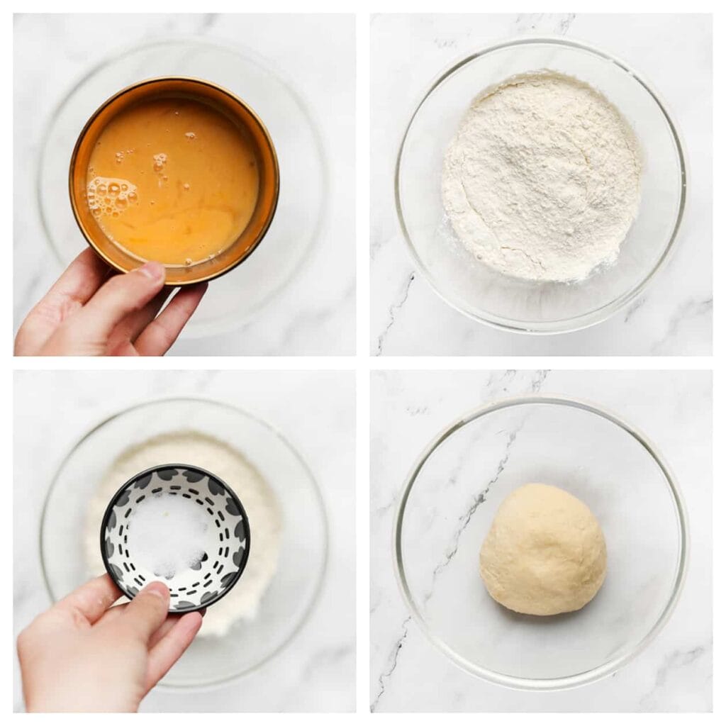 Voeg de geklutste eieren geleidelijk toe en meng goed met een garde. Voeg de bloem en het zout toe. Meng en kneed 10-12 minuten tot een geheel.