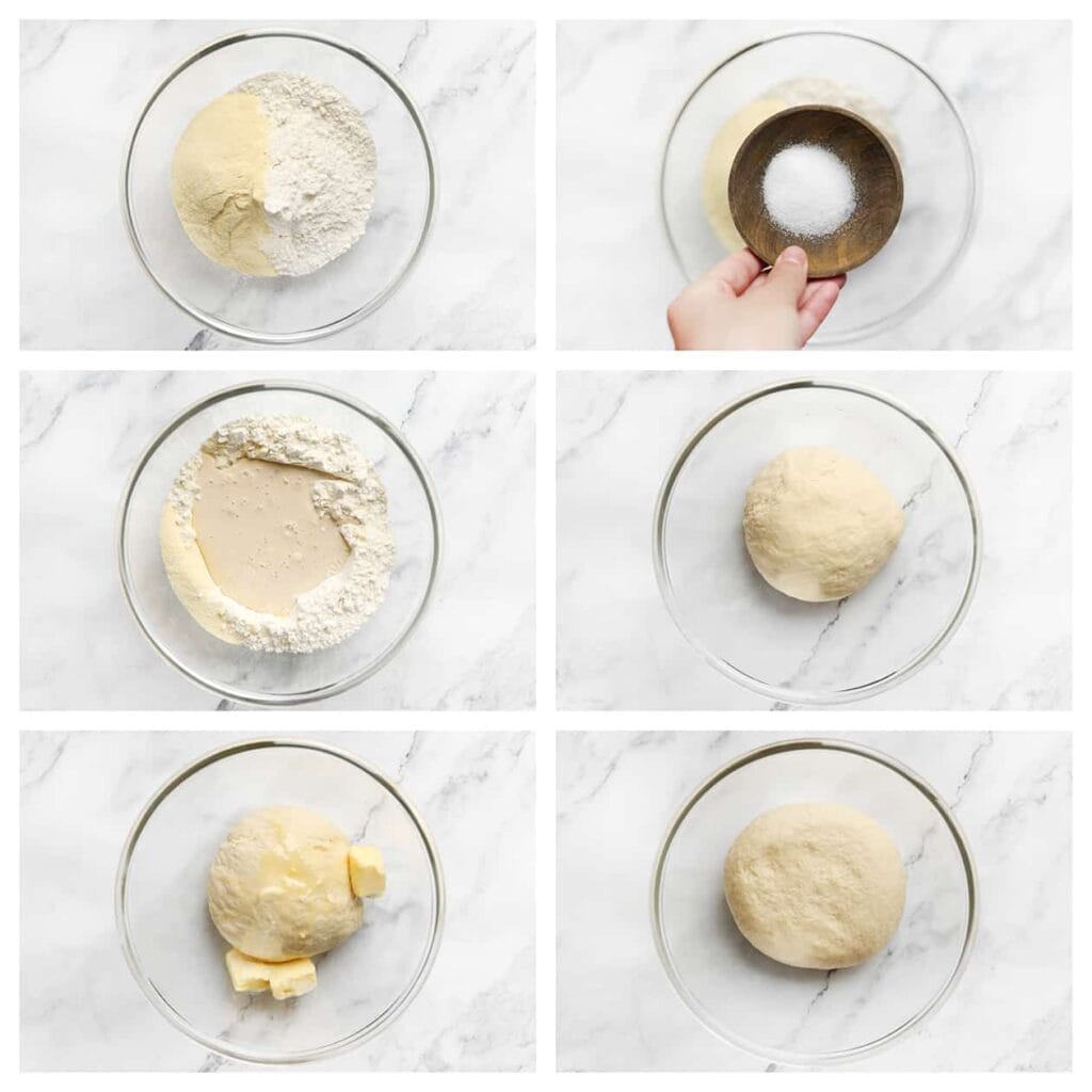 Doe de bloem, fijne griesmeel en het zout in een aparte kom. Voeg het gist-eimengsel toe en meng goed. Kneed het deeg 10-12 minuten tot een samenhangend geheel. Voeg tot slot de roomboter toe en meng het geheel goed door.