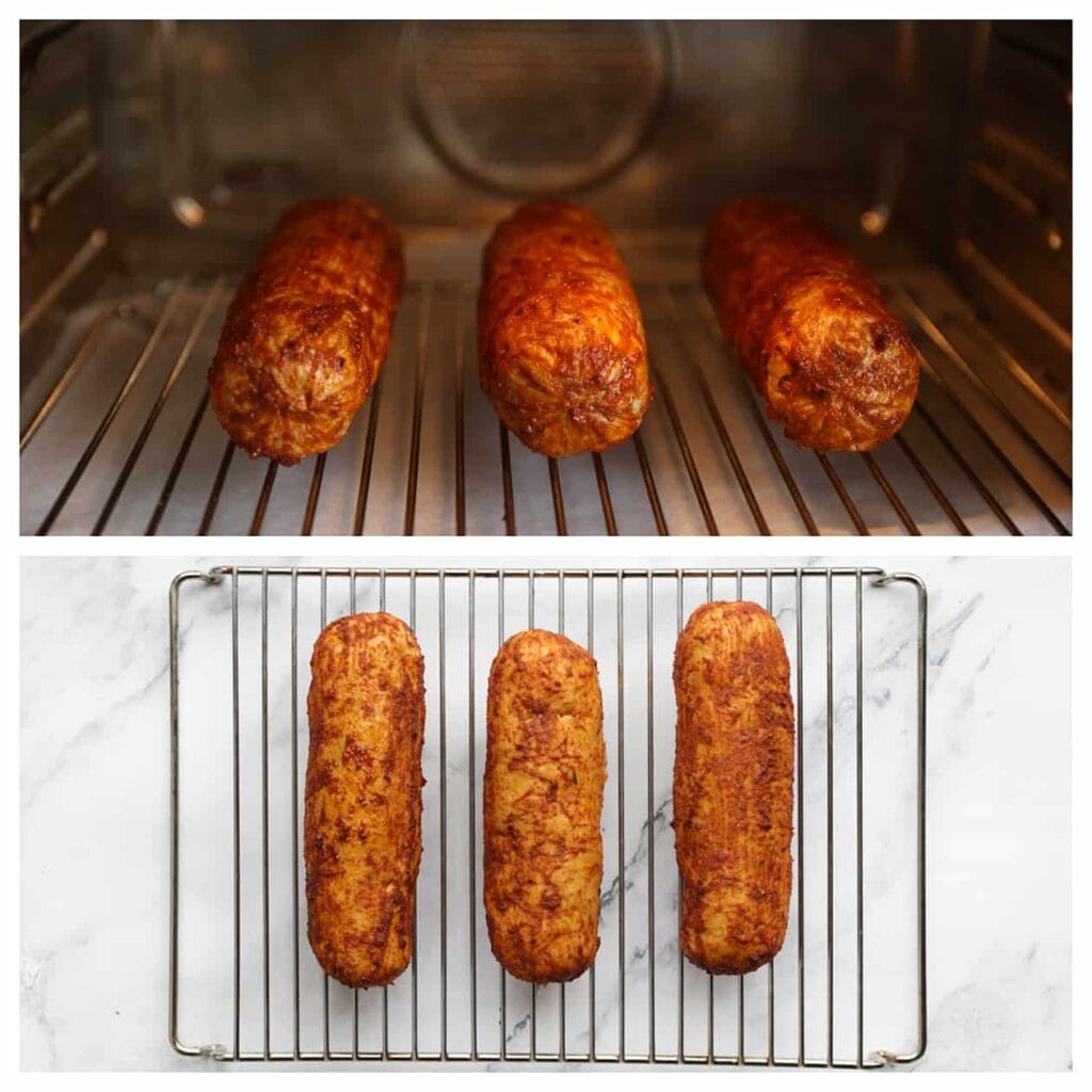 Zet de kip grillworst in een voorverwarmde oven op 160 ℃ in de grillstand. Grill ze 15-20 minuten.