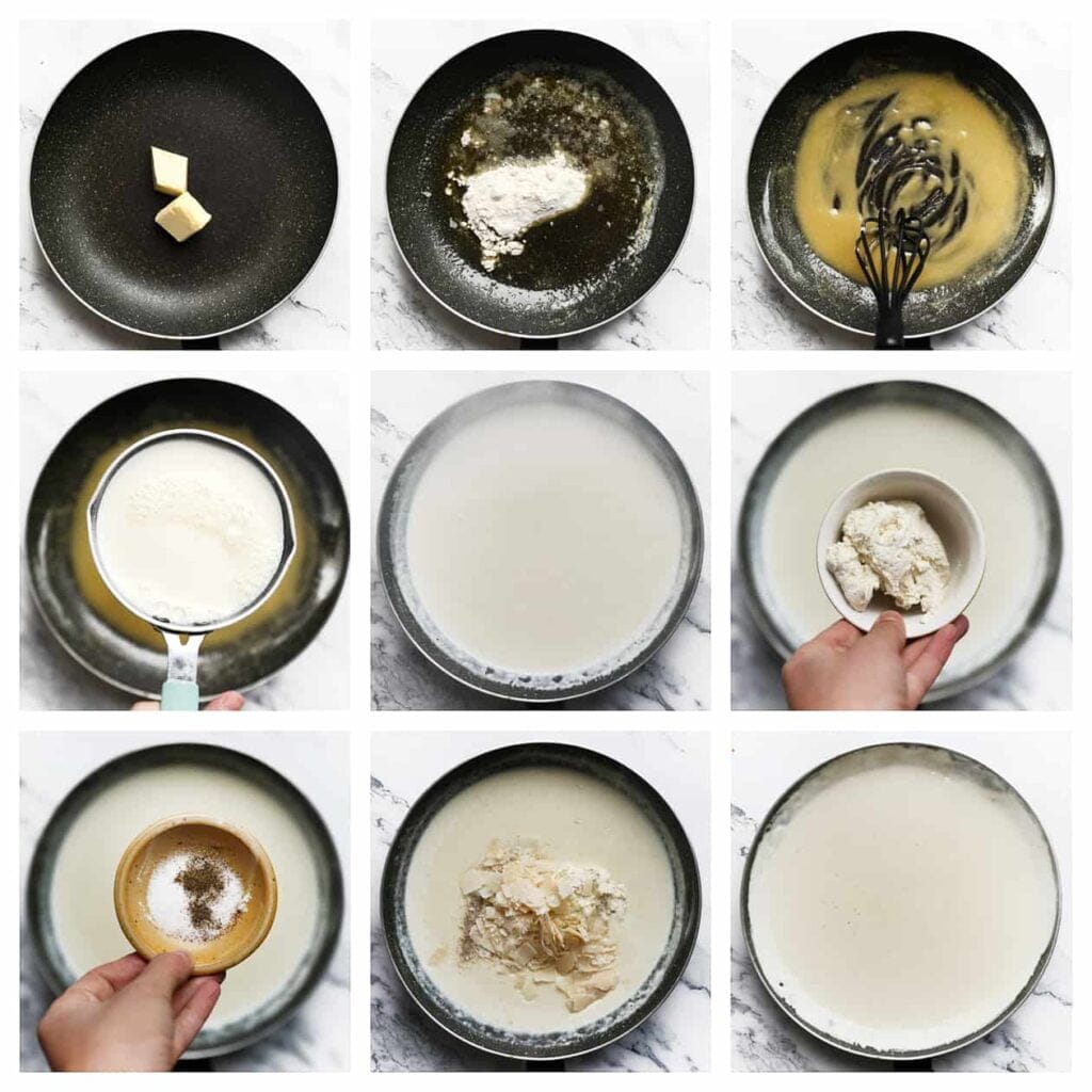 Smelt de roomboter in een andere koekenpan op laag vuur. Voeg de bloem toe en kook het 1 minuut al roerend met een garde mee. Voeg de melk en het water toe en roer tot een gladde massa. Voeg, wanneer het indikt, de roomkaas en Parmezaanse kaas toe. Roer met een garde tot er een mooie gladde saus ontstaat. Breng de bechamelsaus op smaak met zout en peper.