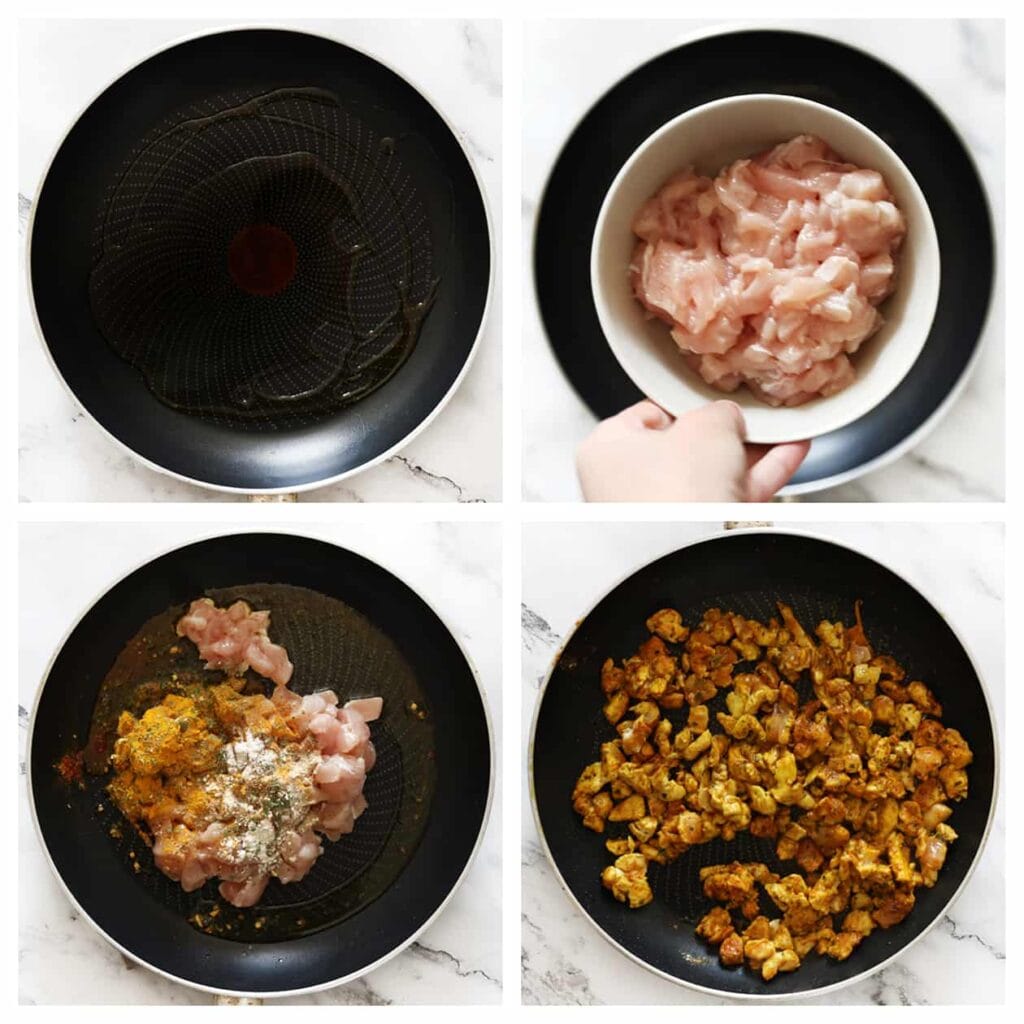 Verhit de olijfolie in een koekenpan op middelhoog vuur. Voeg de stukjes kip toe, samen met de korianderpoeder, kurkuma, cayennepeper, uienpoeder, knoflookpoeder en komijnpoeder. Meng alles goed en bak 3-4 minuten.