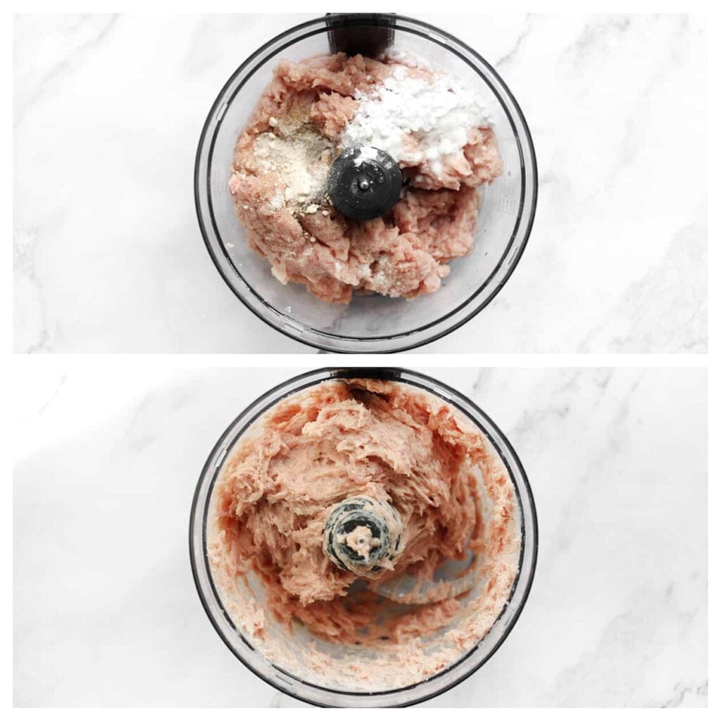 Was de kippendijen en snijd ze in stukken. Doe de kippendijen in een hakmolen en maal ze heel fijn (zo fijn mogelijk). Voeg het zout, aardappelzetmeel, korianderpoeder, uienpoeder, zwarte peper en water toe. Mix alles tot een geheel.