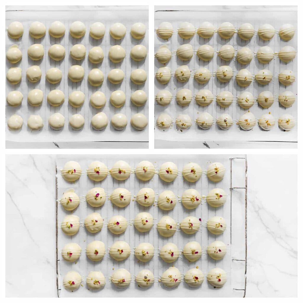 Leg de ma&iuml;zena-pistachekoekjes op een vel bakpapier en garneer ze met streepjes witte chocolade, fijngemalen pistachenoten en rozenblaadjes. Laat de chocolade vervolgens stevig worden.