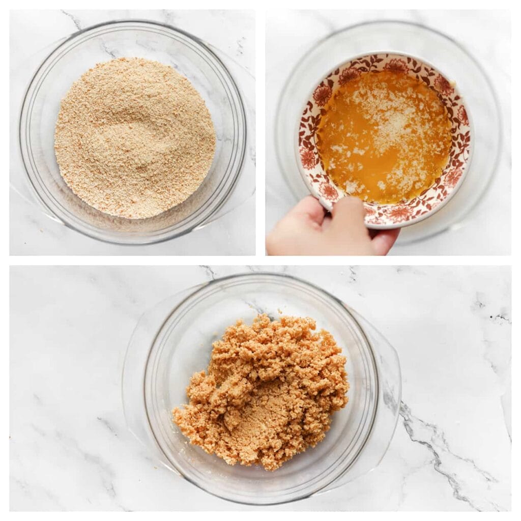 Doe het fijngemalen theebiscuit in een diepe kom en voeg de gesmolten roomboter toe. Meng alles goed door elkaar tot een geheel.