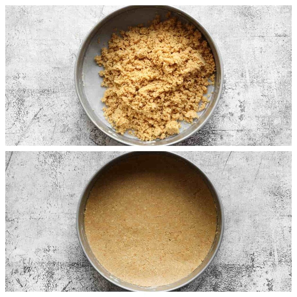 Neem een springvorm en leg er een vel bakpapier in. Verdeel het koekjesdeeg gelijkmatig over de bodem en druk het stevig aan met behulp van de onderkant van een lepel. Plaats de bakvorm met het koekjesdeeg kort in de koelkast.