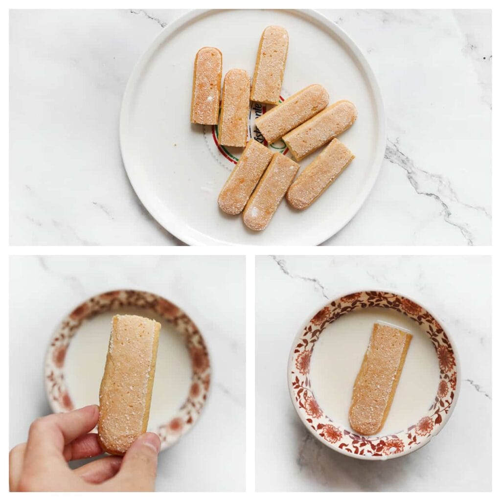 Snijd de lange vingers tot de gewenste lengte (hoogte van je springvorm). Doop vervolgens elke lange vinger kort in de melk.