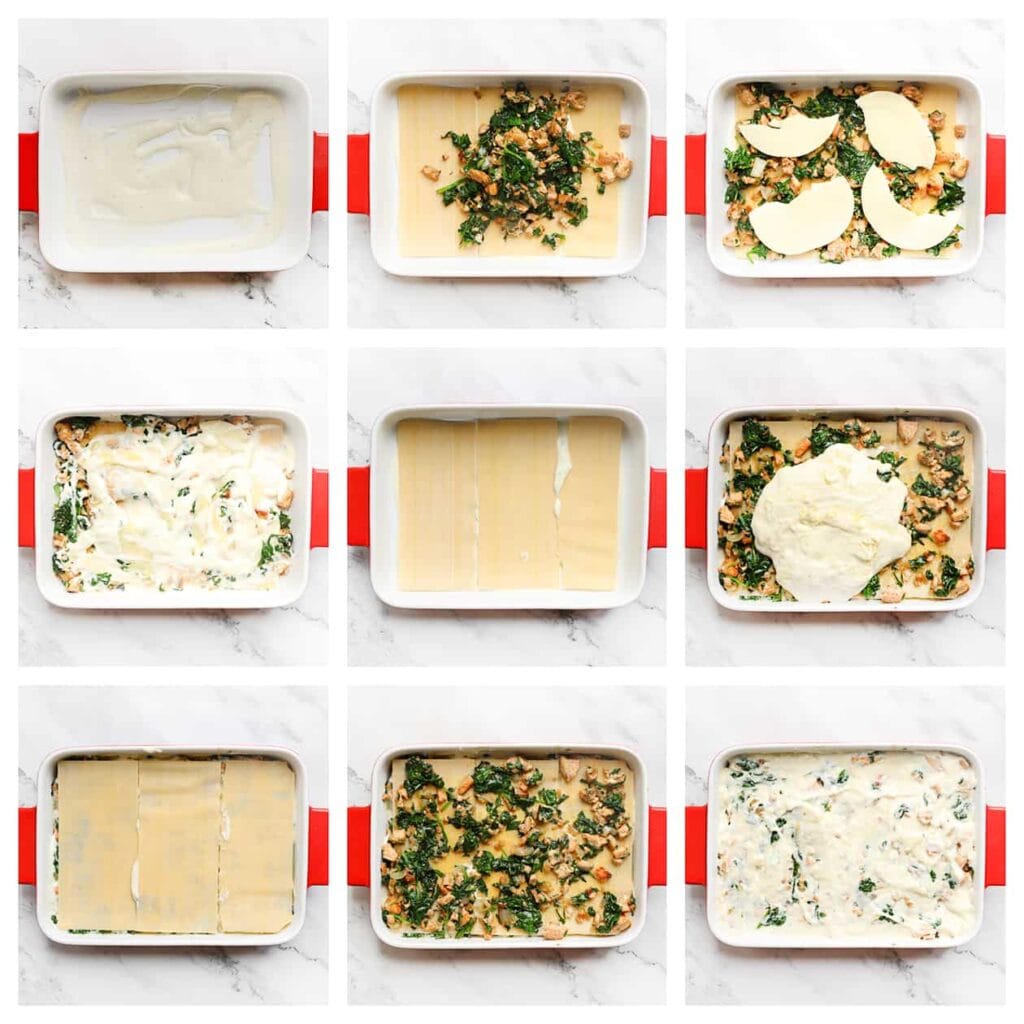 Neem een ovenschaal en bedek de bodem met een laagje bechamelsaus. Verdeel een laagje lasagnebladen en hierover eenderde van het zalmmengsel. Voeg wat mozzarella toe en giet er wat bechamelsaus over. Verdeel nog een laag lasagnebladen erover, gevolgd wat van het zalmmengsel, mozzarella en bechamelsaus. Herhaal met nog een laagje lasagnebladen, het overige zalmmengsel, mozzarella en bechamelsaus.