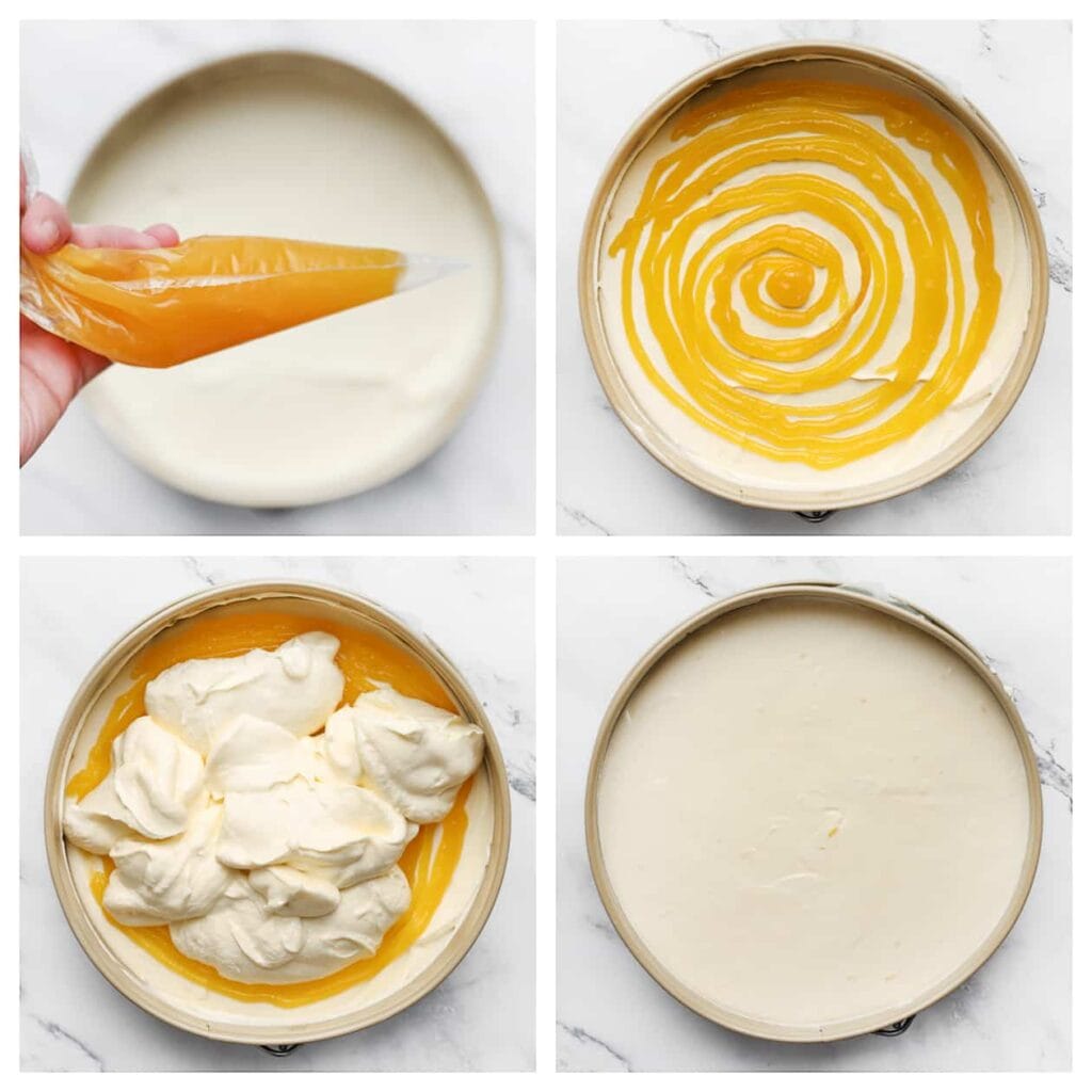 Spuit een swirl van lemoncurd erover. Schep het overige cheesecakebeslag erover en smeer het gelijkmatig uit.