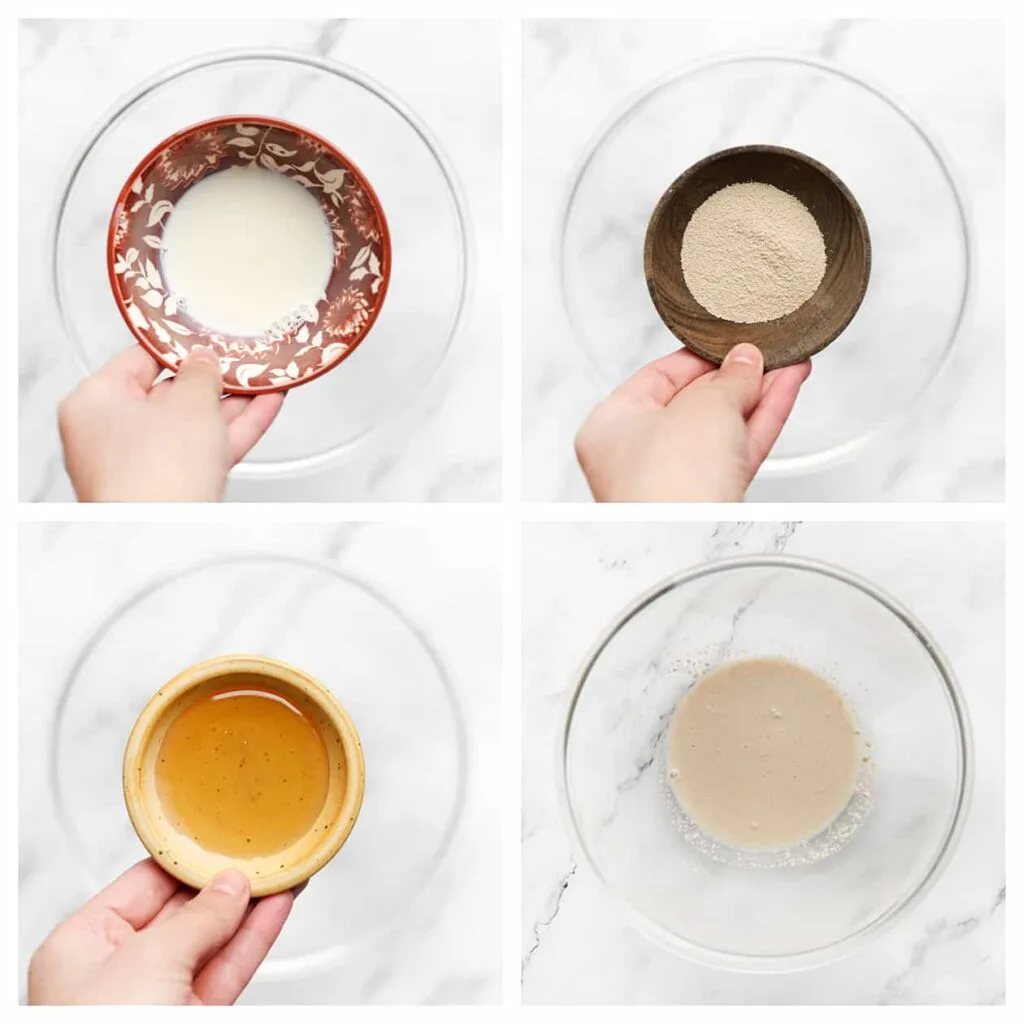 Doe de lauwwarme melk, gist en honing in een diepe kom. Meng goed en laat 5 minuten staan.