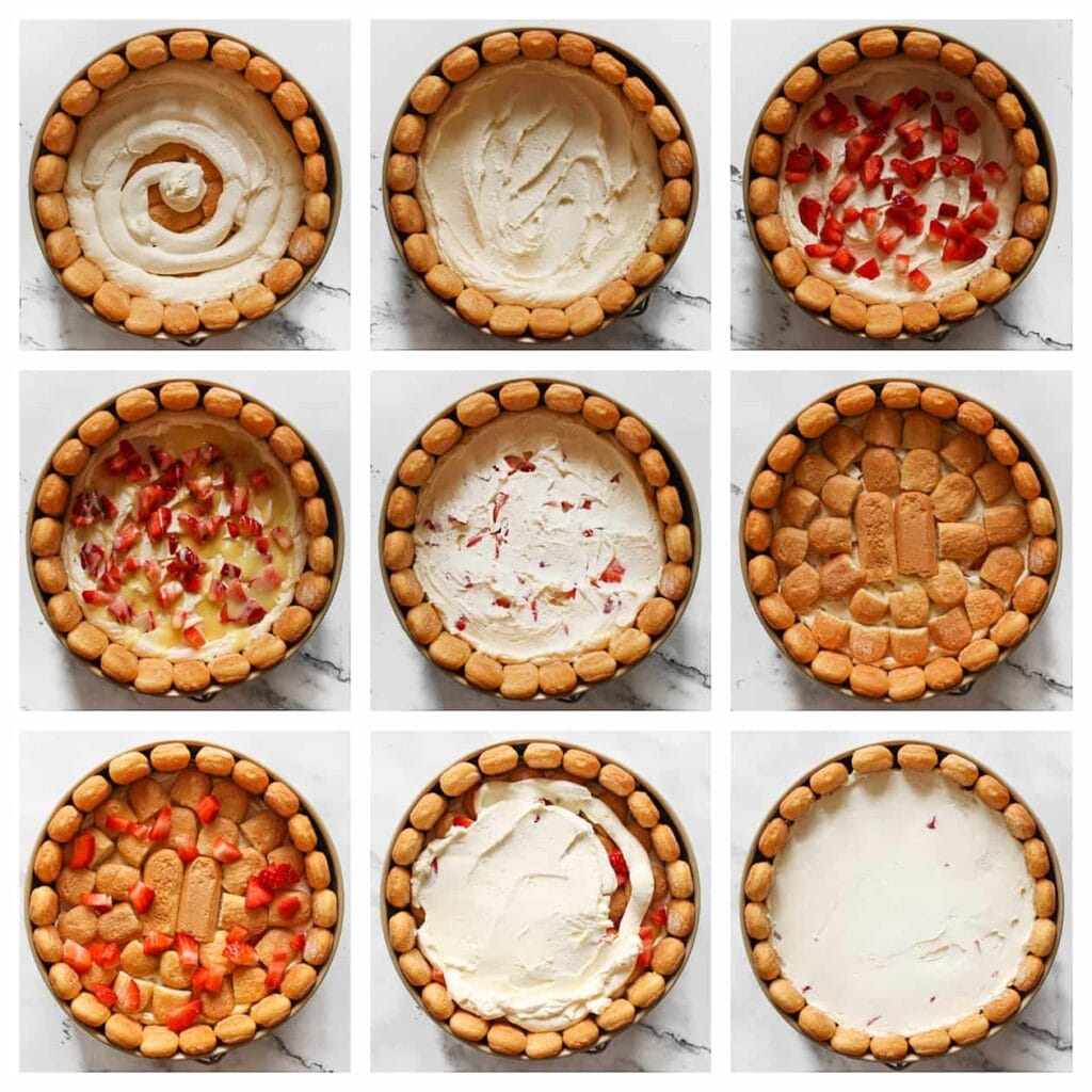 Spuit een laagje room en verdeel deze gelijkmatig. Voeg vervolgens een deel van de stukjes aardbei toe en giet er wat van de apart gehouden witte chocolade (60 gram) overheen. Spuit er nog een laagje room overheen en strijk deze glad. Doop de overgebleven lange vingers kort in de melk en verdeel ze over de room. Voeg de resterende stukjes aardbei toe en spuit er weer een laagje room overheen. Strijk dit egaal uit.