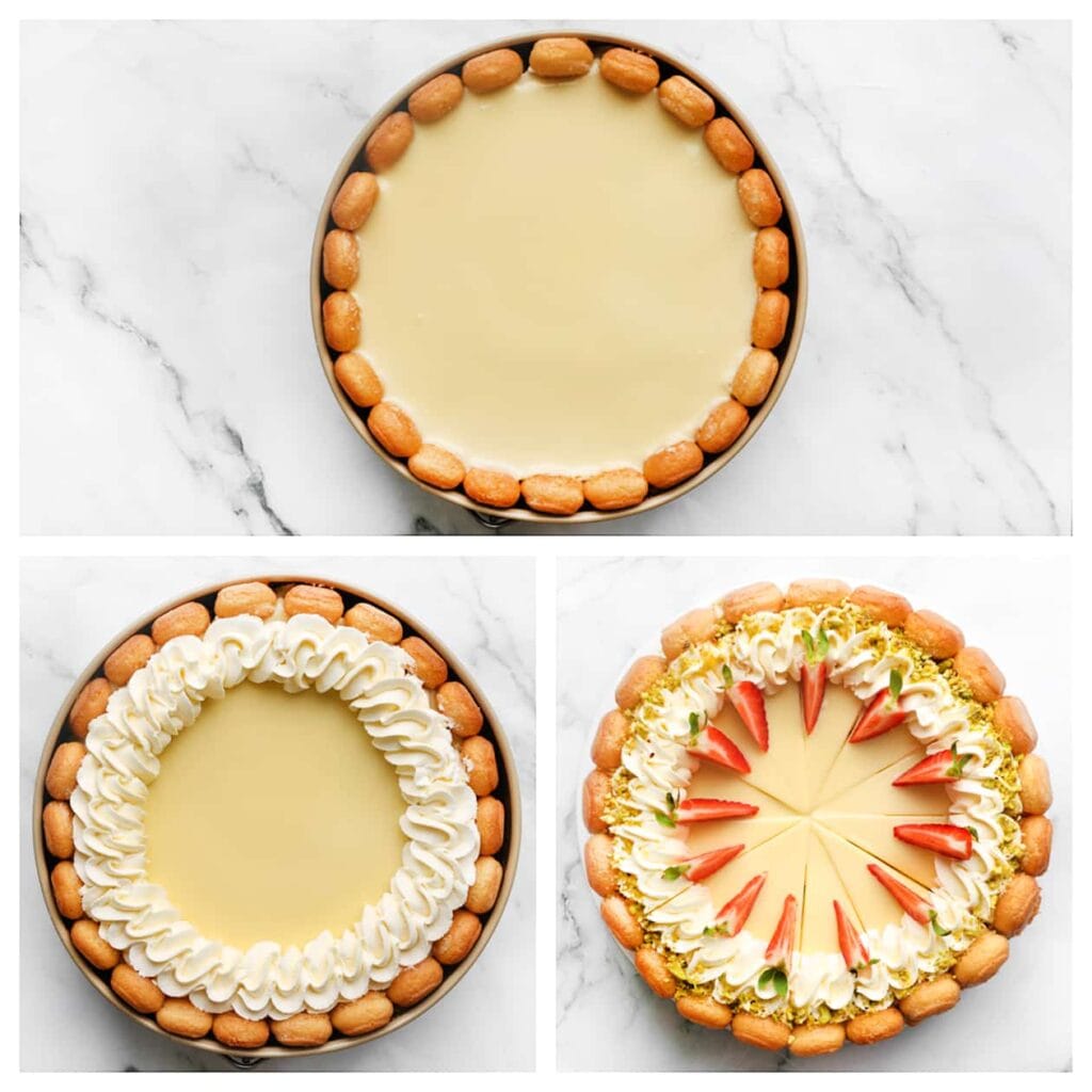 Spuit een langwerpig toefje room langs de zijkanten van de taart. Snijd de taart vervolgens in puntjes. Indien gewenst, decoreer met gehakte pistachenoten en stukjes aardbei.