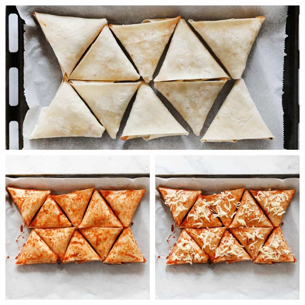 Leg de tonijn-briwat pizza's op een bakplaat met bakpapier. Bestrijk ze met het tomatenpuree-mengsel en strooi er wat geraspte kaas over.