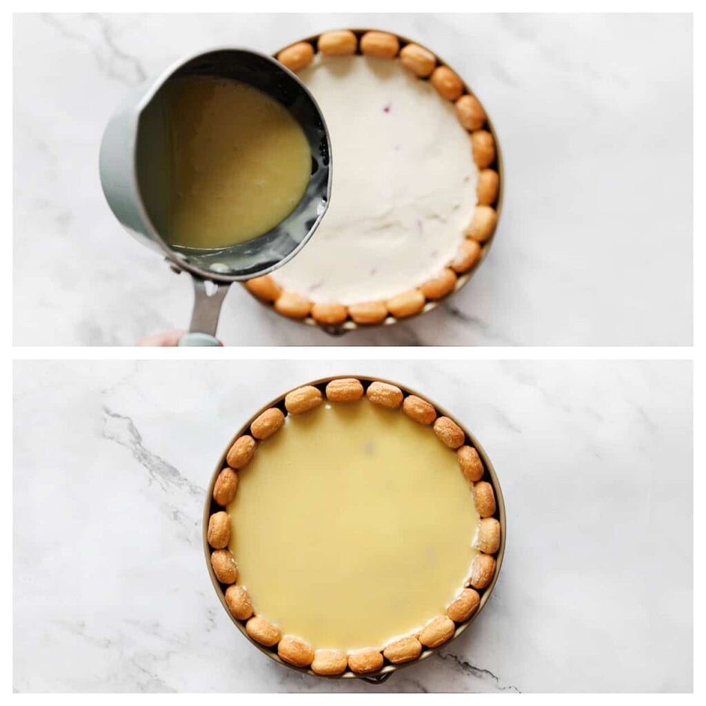 Warm de witte chocolade ganache lichtjes op en blijf hierbij staan totdat het vloeibaar is. Giet vervolgens de witte chocolade gelijkmatig over de room. Zet de taart, afgedekt, in de koelkast om op te stijven, bij voorkeur gedurende de nacht.