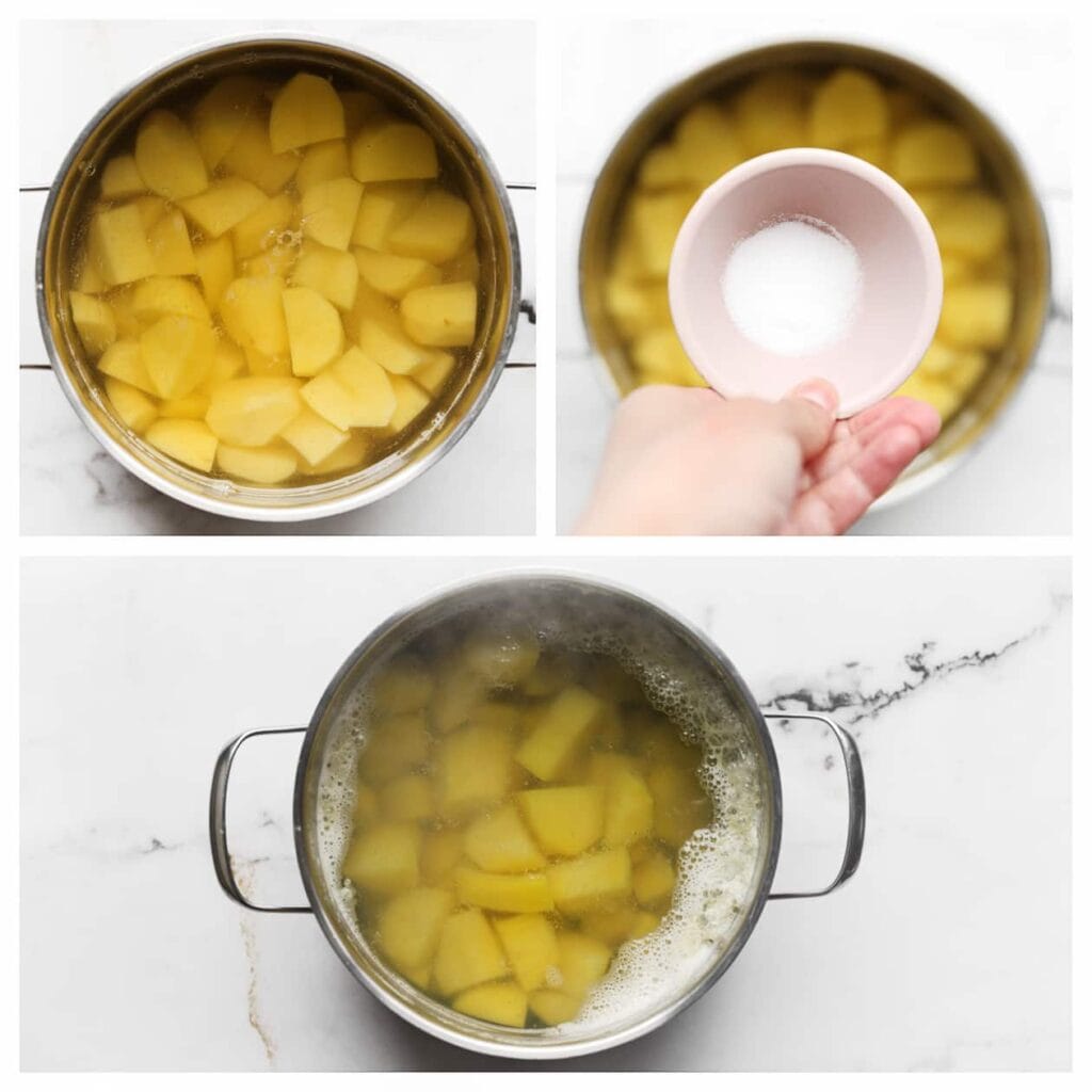 Breng een pan met halfvol water aan de kook. Voeg het zout en de aardappels toe en kook 10 minuten.