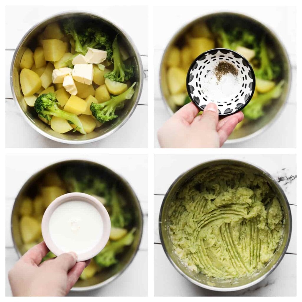 Voeg de roomboter, het zout, de zwarte peper en melk toe. Stamp/prak alles goed fijn.