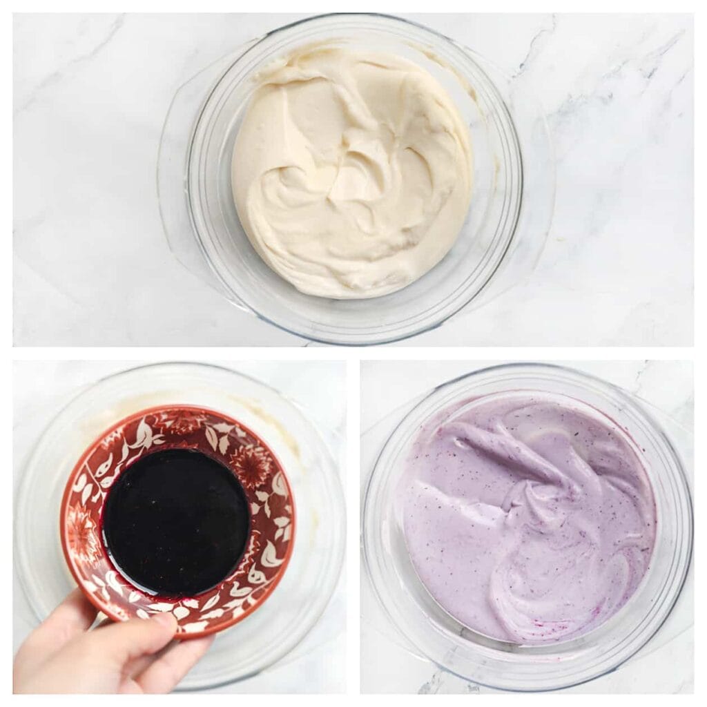 Giet ongeveer de helft van het cheesecakebeslag in een aparte kom. Voeg 80 gram bosbessensiroop toe en spatel het geheel voorzichtig door. Doe het bosbessenmengsel in een spuitzak en leg het even apart.