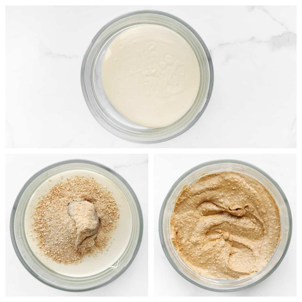 Doe de gesmolten witte chocolade samen met de fijngemalen theebiscuit en biscoffpasta in een diepe kom en meng alles goed.