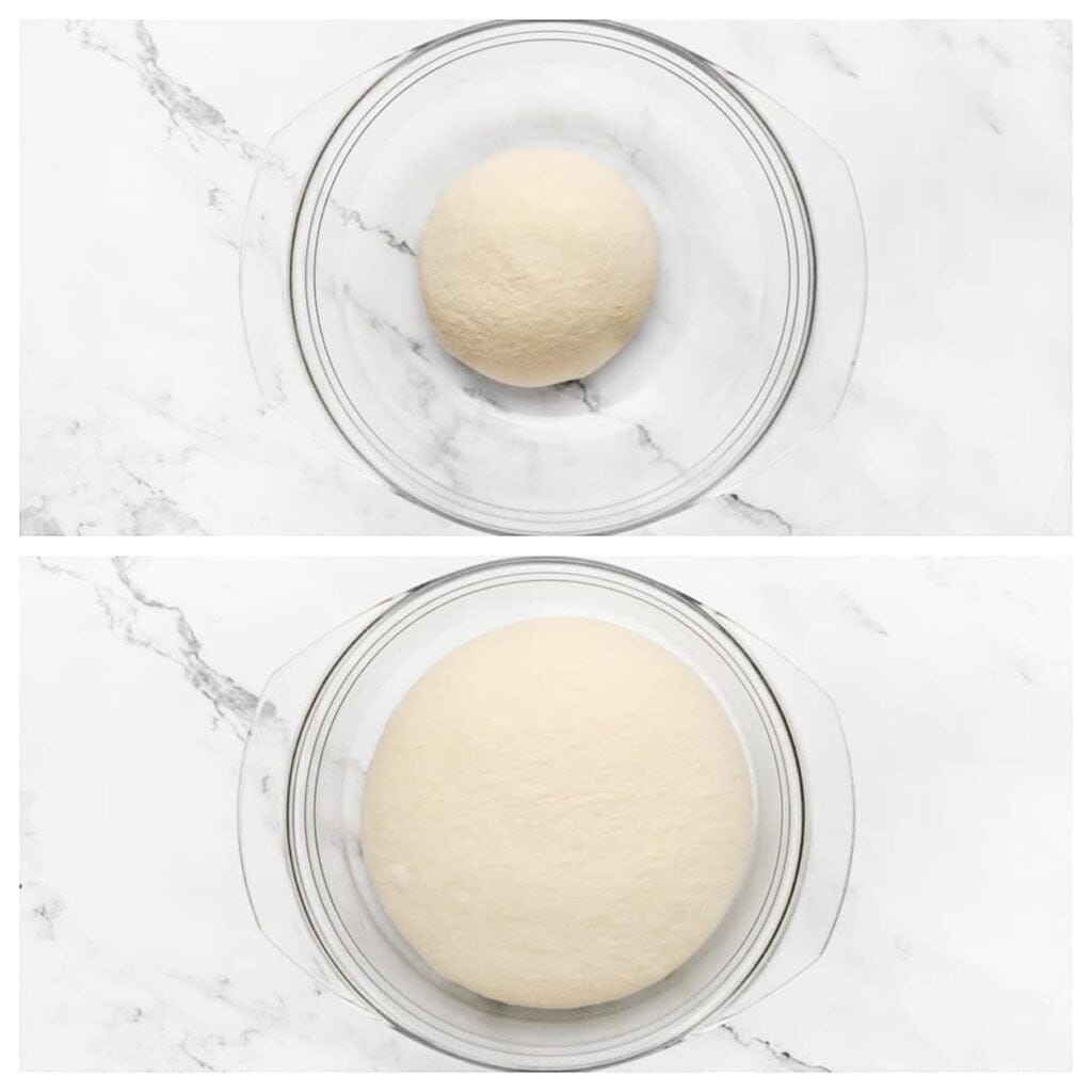 Dek het deeg af en laat het 1 uur rijzen op een warme plek in huis, of totdat het in omvang is verdubbeld.