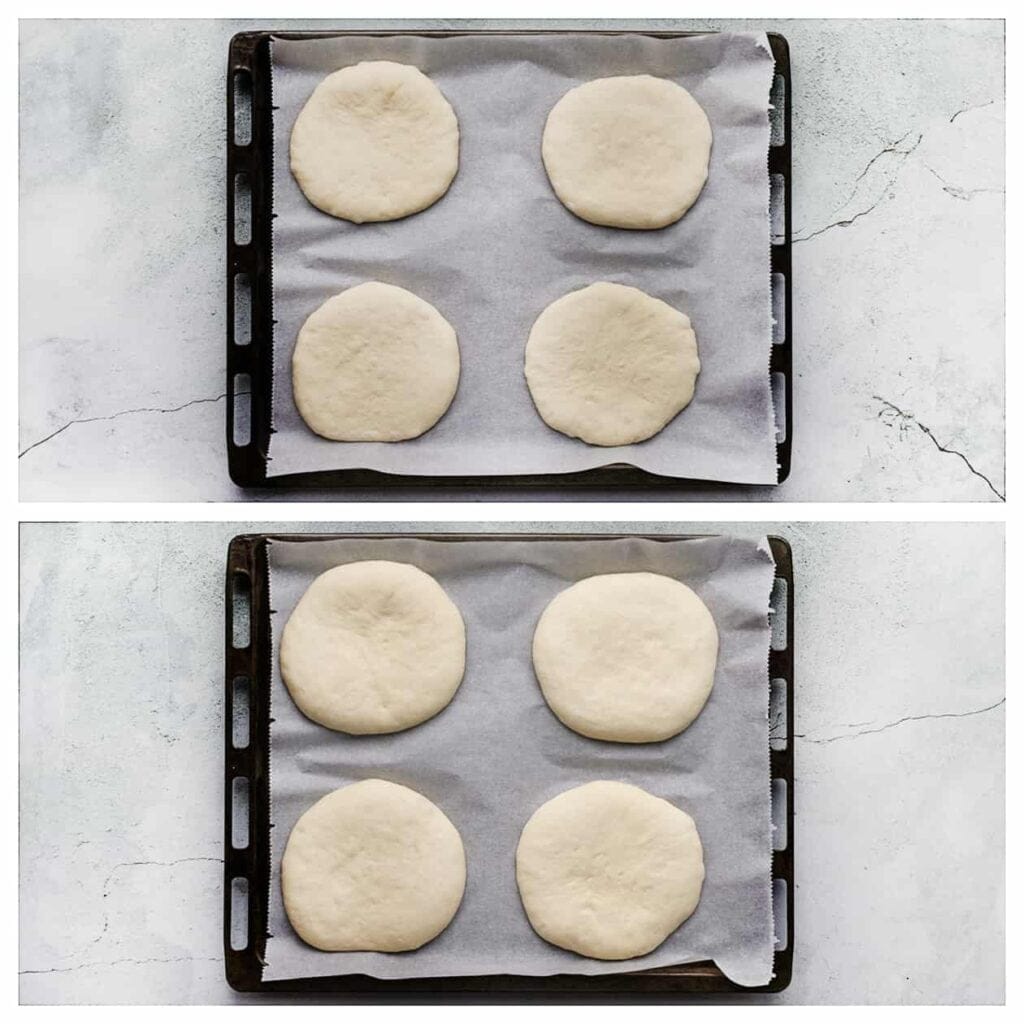 Leg het uitgerolde deeg op een bakplaat bedekt met bakpapier. Laat het deeg 30 minuten rijzen, of totdat het in omvang is verdubbeld.