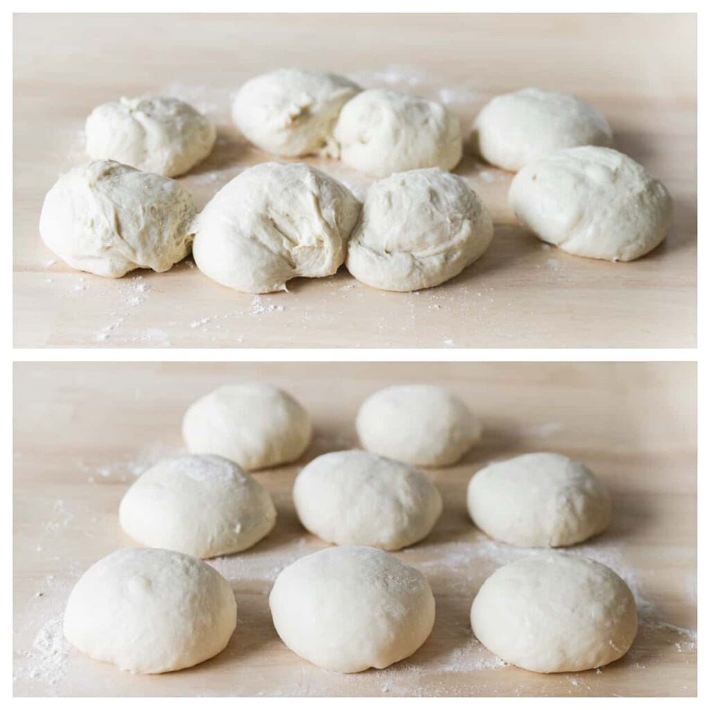 Ontlucht het deeg en verdeel het in 8 gelijke stukken van elk 175 gram. Vorm elk stuk tot een mooie ronde vorm.