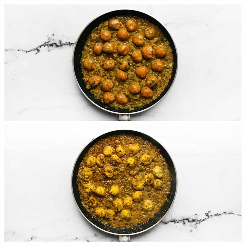 Neem wat van het gehakt en vorm er bollen van. Terwijl je dit doet, zet ze meteen in de uiensaus. Laat het geheel afgedekt 20-25 minuten sudderen.
