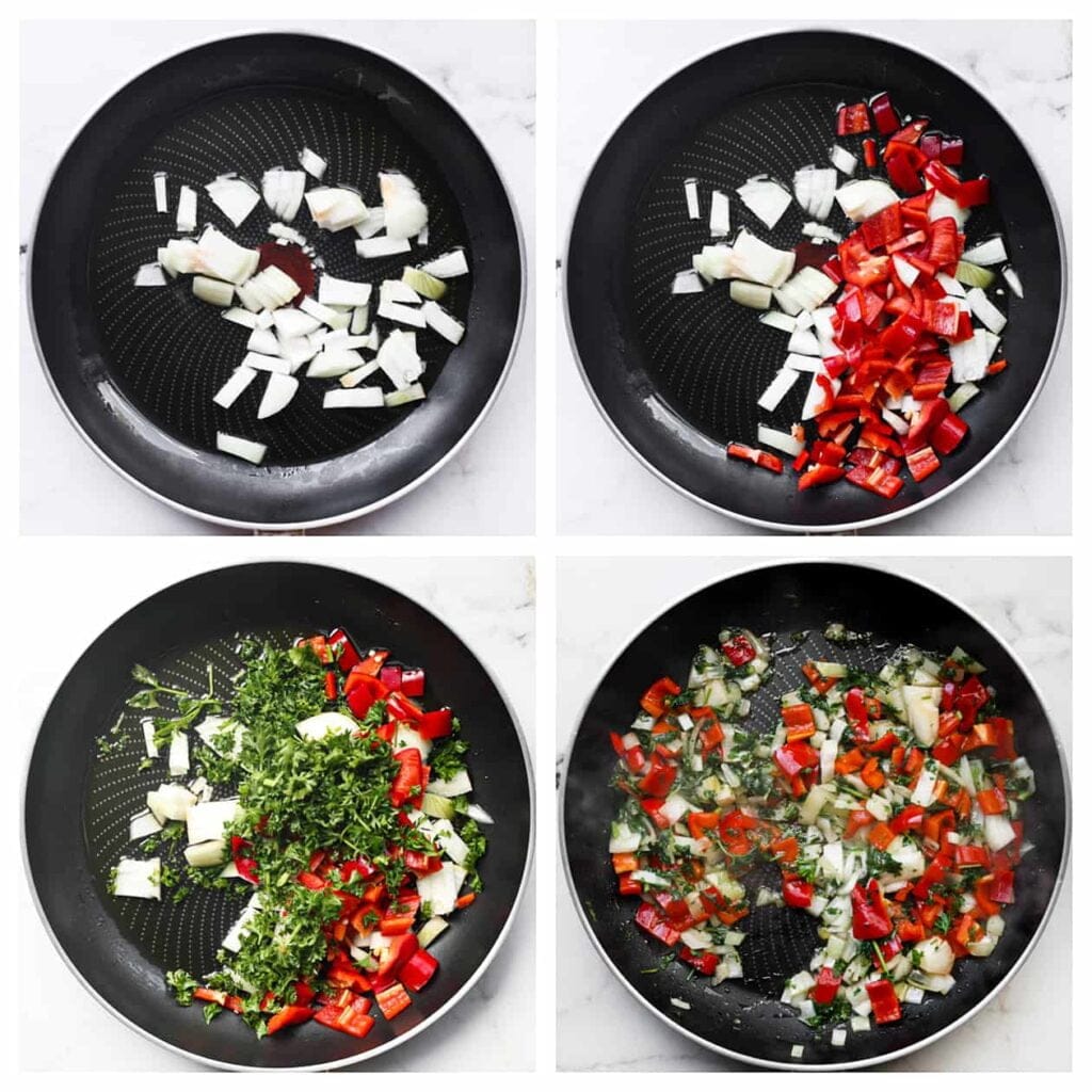 Verhit olijfolie in een koekenpan op middelhoog vuur en voeg dan de gele ui, rode puntpaprika en peterselie toe. Bak 3-4 minuten.