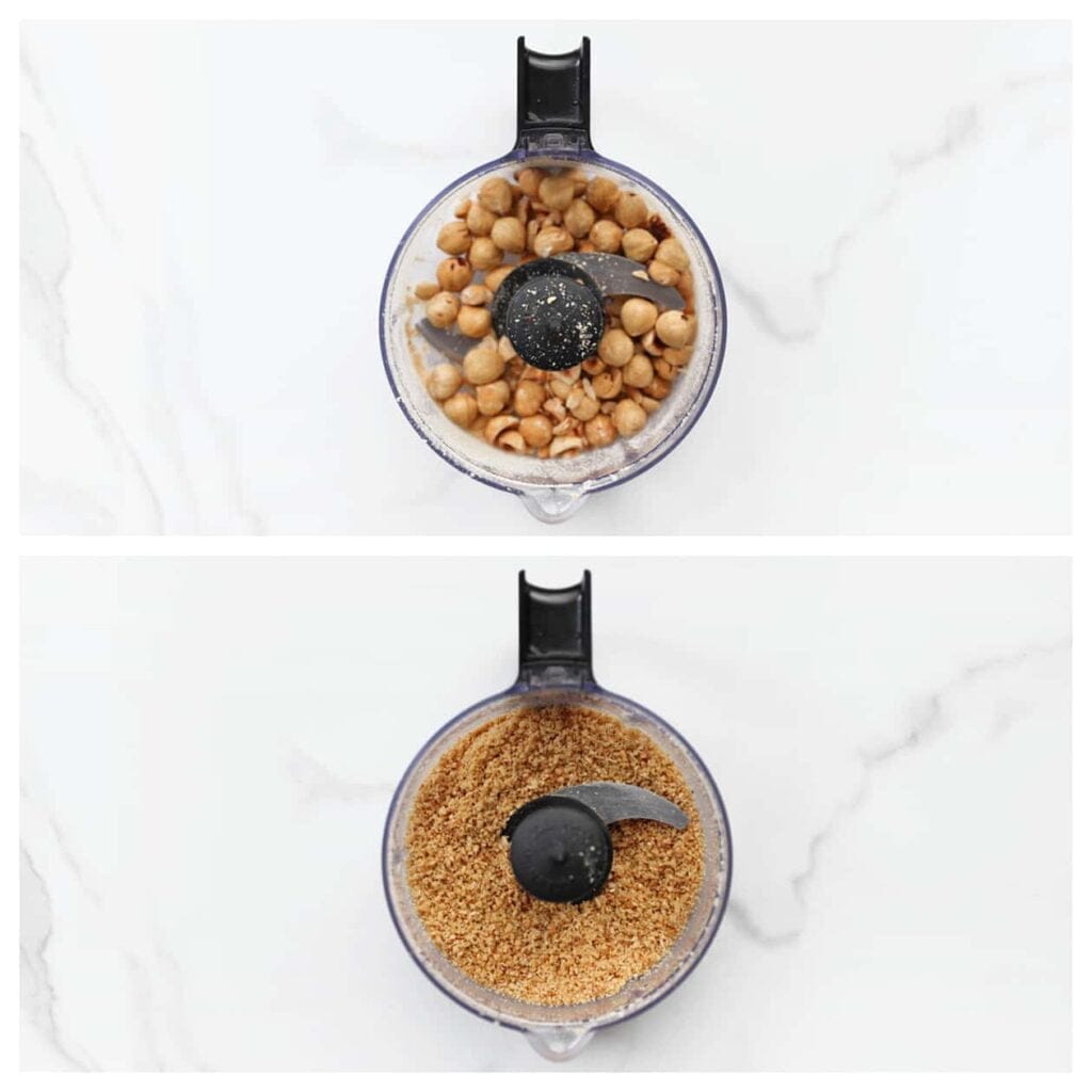 Doe de geroosterde hazelnoten in een hakmolen en maal ze fijn.