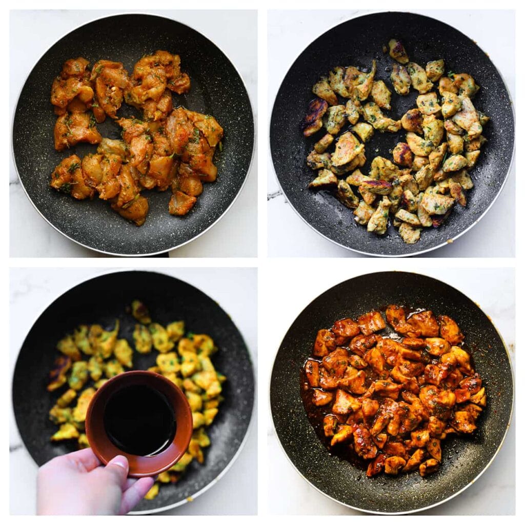 Verhit olijfolie in een koekenpan op middelhoog vuur. Voeg het kipmengsel toe en bak 4-5 minuten. Voeg vervolgens het ketjapmengsel toe en laat de kip even sudderen in de saus.