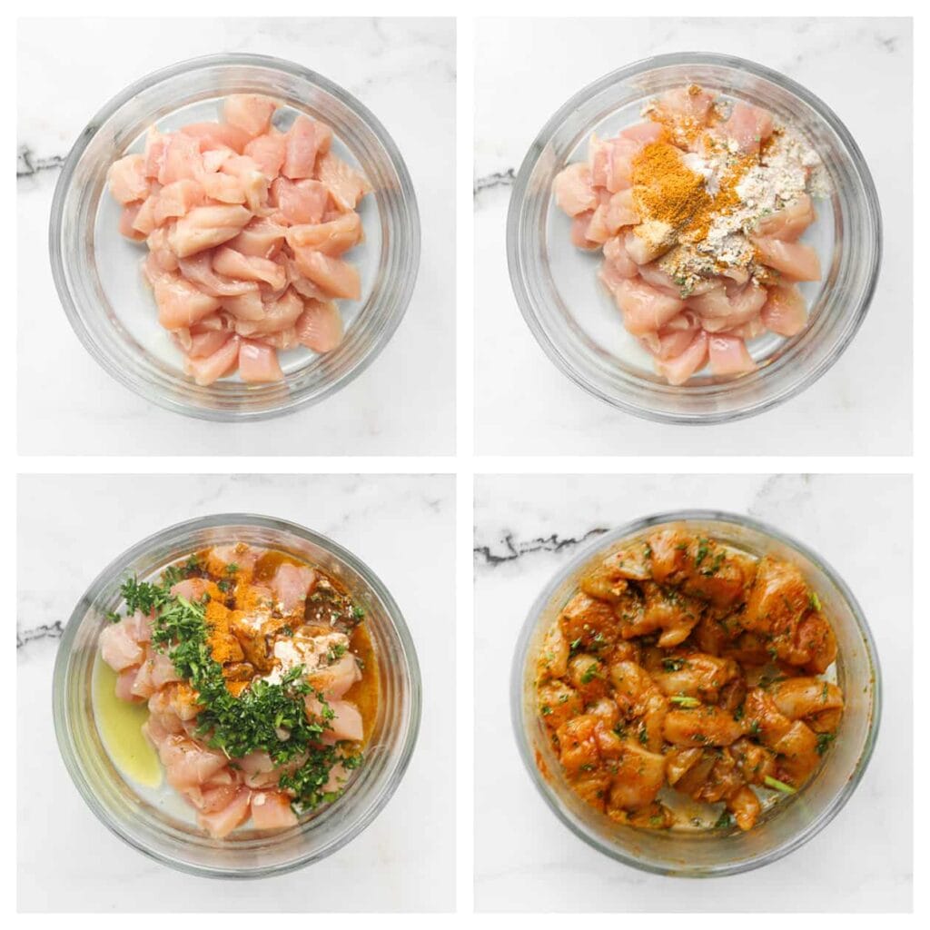 Was en snijd de kip in stukken en doe ze in een diepe kom. Voeg ras el hanout, knoflookpoeder, uienpoeder, cayennepeper, zout en olijfolie toe. Meng goed.