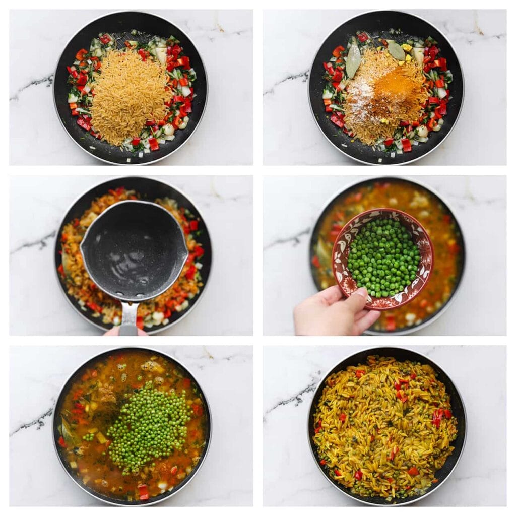 Voeg de orzo toe, samen met ras el hanout, kurkuma, uienpoeder, knoflookpoeder, cayennepeper en laurierblaadjes. Verkruimel het kippenbouillonblokje boven de koekenpan en voeg dan de groene doperwten en gekookt water toe. Laat het geheel, afgedekt, 15-18 minuten koken tot de orzo gaar is. Laat het vervolgens 15 minuten rusten met de deksel erop.