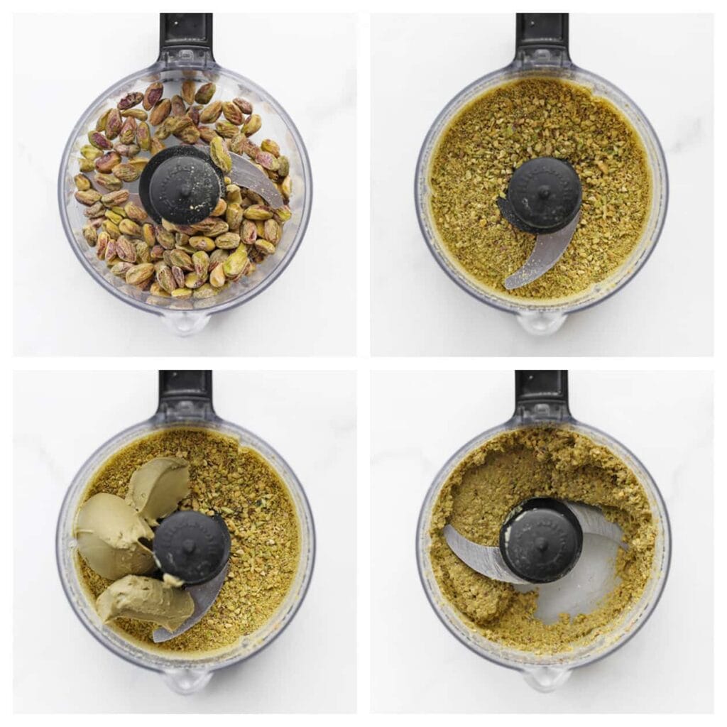 Doe de pistachenoten in een hakmolen en maal ze fijn. Voeg de pistachepasta toe en maal alles tot een fijne massa.