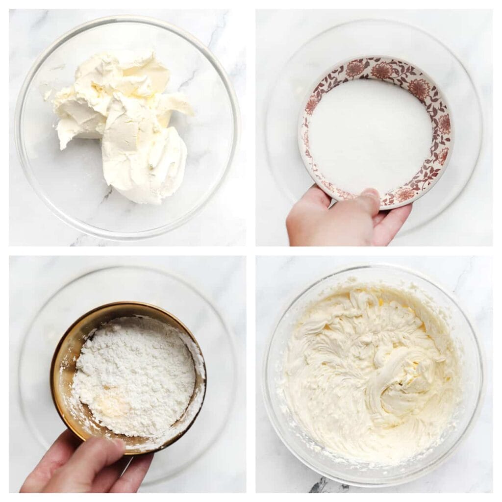Doe de mascarpone samen met de roomkaas, suiker en vanillesuiker in een diepe kom. Mix 1 minuut tot alles goed gemengd is. Voeg de maïzena toe en mix tot een gladde massa.