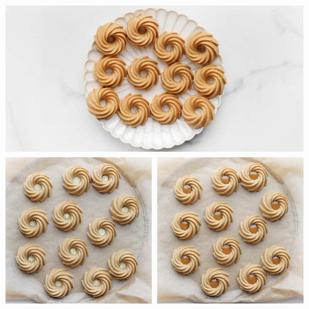 Haal de biscoff tulbandjes uit de siliconenvorm en vul ze met speculoos. Als er nog een gaatje in het midden is, vul deze dan eerst met gesmolten chocolade voordat je ze vult met de speculoospasta.