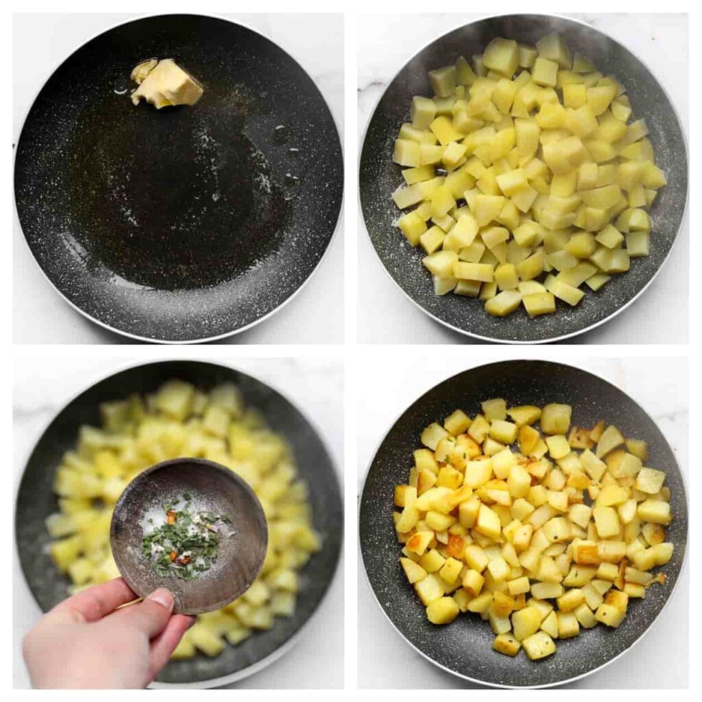 Verhit olijfolie samen met roomboter in een koekenpan op middelhoog vuur. Voeg de gekookte aardappelblokjes, het zout, de zwarte peper en saladekruiden toe. Bak de aardappelblokjes goudbruin.