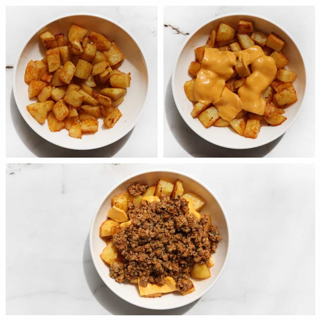 Verdeel de gebakken aardappelblokjes, cheddar kaas, gehakt, avocadosaus en eventueel andere groenten of ingredi&euml;nten naar keuze over een bord. Bismillah, eet smakelijk!