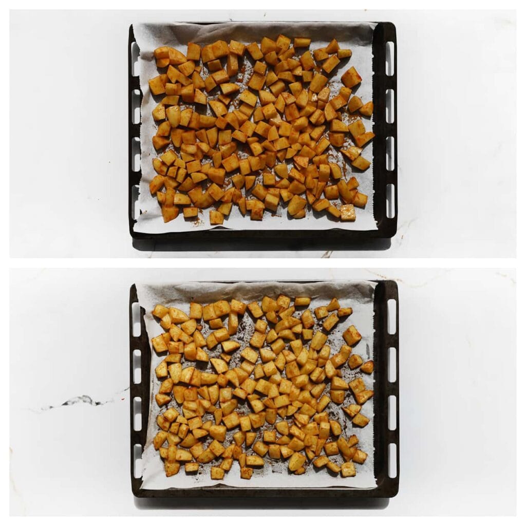 Verdeel de aardappelblokjes over een bakplaat met bakpapier en plaats deze in een voorverwarmde oven op 200 &deg;C. Bak 20-30 minuten of tot ze goudbruin zijn. Draai de aardappelblokjes halverwege de baktijd om, zodat ze gelijkmatig goudbruin worden.