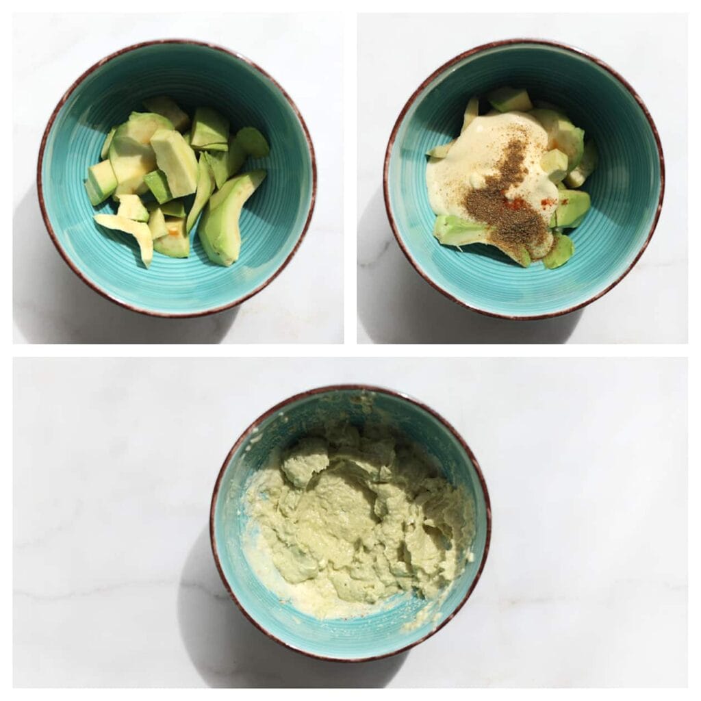 Snijd de avocado in de lengte doormidden, verwijder de schil, snijd het vruchtvlees in stukken en doe dit in een kom. Voeg mayonaise, zout en peper toe en prak alles tot een geheel.