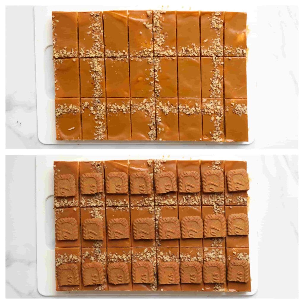 Snijd de cake in stukken en garneer eventueel met biscoff koekjes.