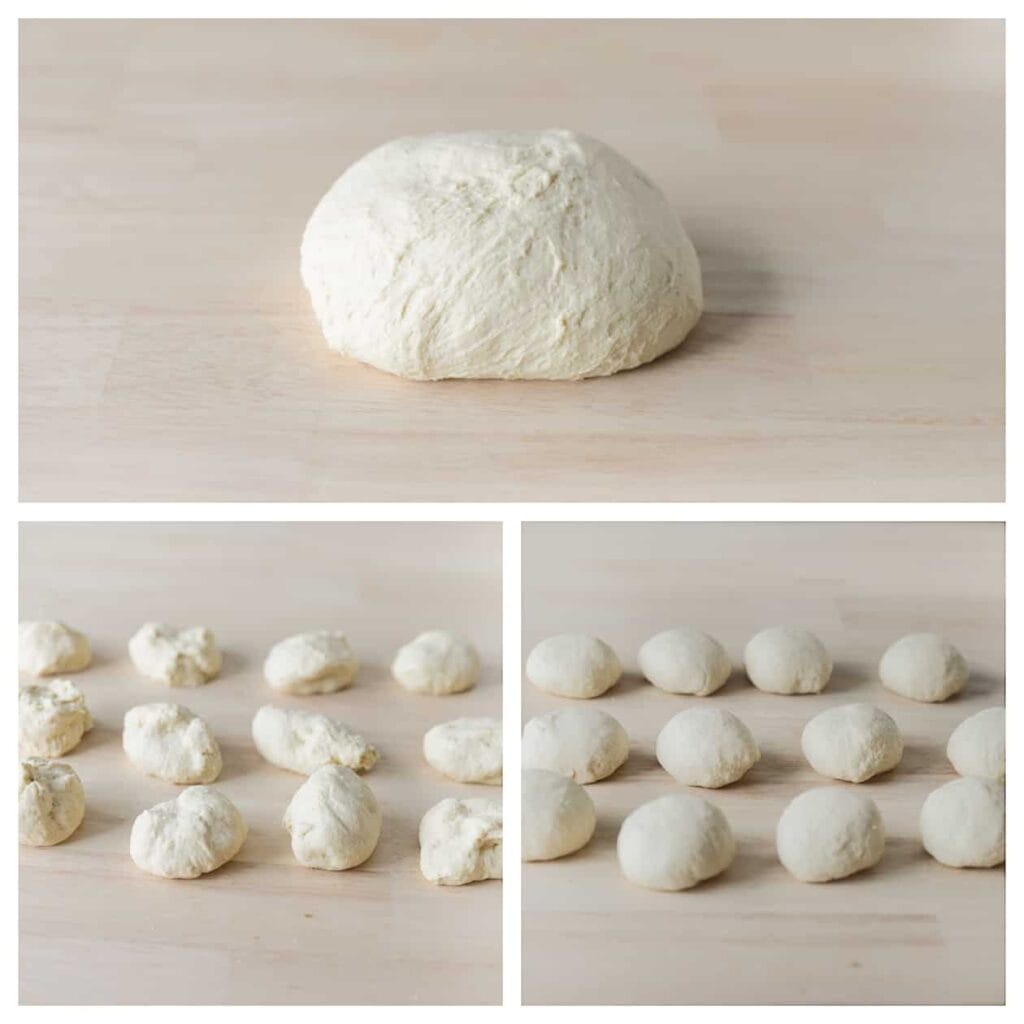 Ontlucht het deeg en verdeel het in 12 gelijke stukken. Vorm ze tot ronde bollen.